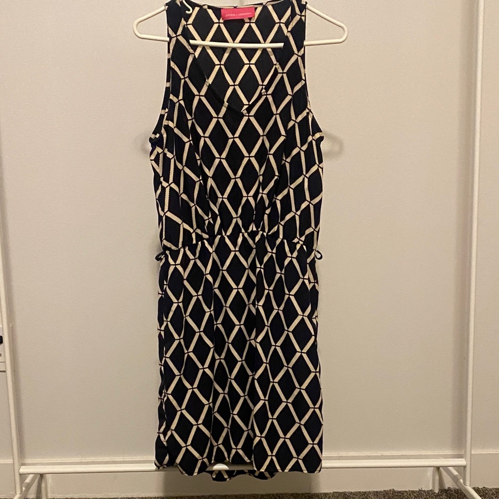 Chic Navy and Cream Patterned Midi Dress